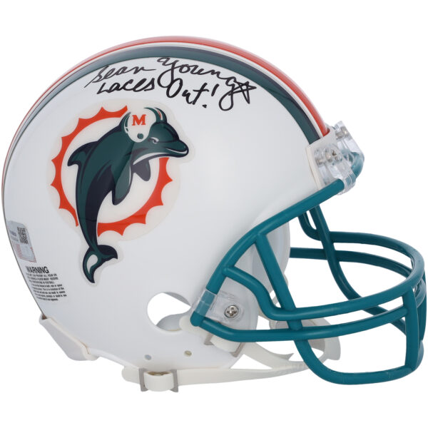 Sean Young Ace Ventura Autographed Riddell Throwback 1997-2012 Mini Helmet with "Laces Out!" Inscription - Image 2