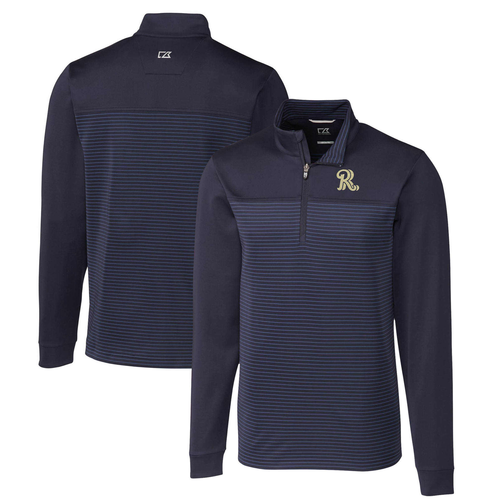 Men's Cutter & Buck Navy Frisco RoughRiders Traverse Stripe Stretch Quarter-Zip Pullover Top