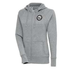 Women's Antigua  Heather Gray Philadelphia 76ers Metallic Logo Victory Full-Zip Hoodie