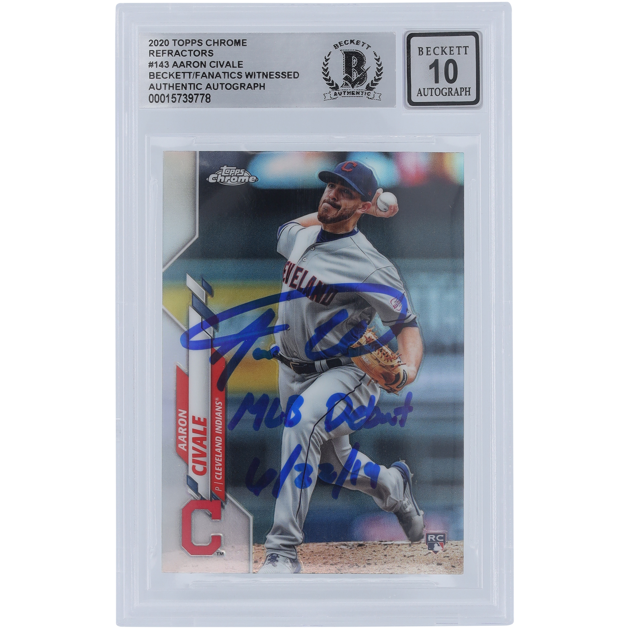 Aaron Civale Cleveland Guardians Autographed 2020 Topps Chrome Refractor #143 Beckett Fanatics Witnessed Authenticated Rookie Card with "MLB Debut 6/22/19" Inscription