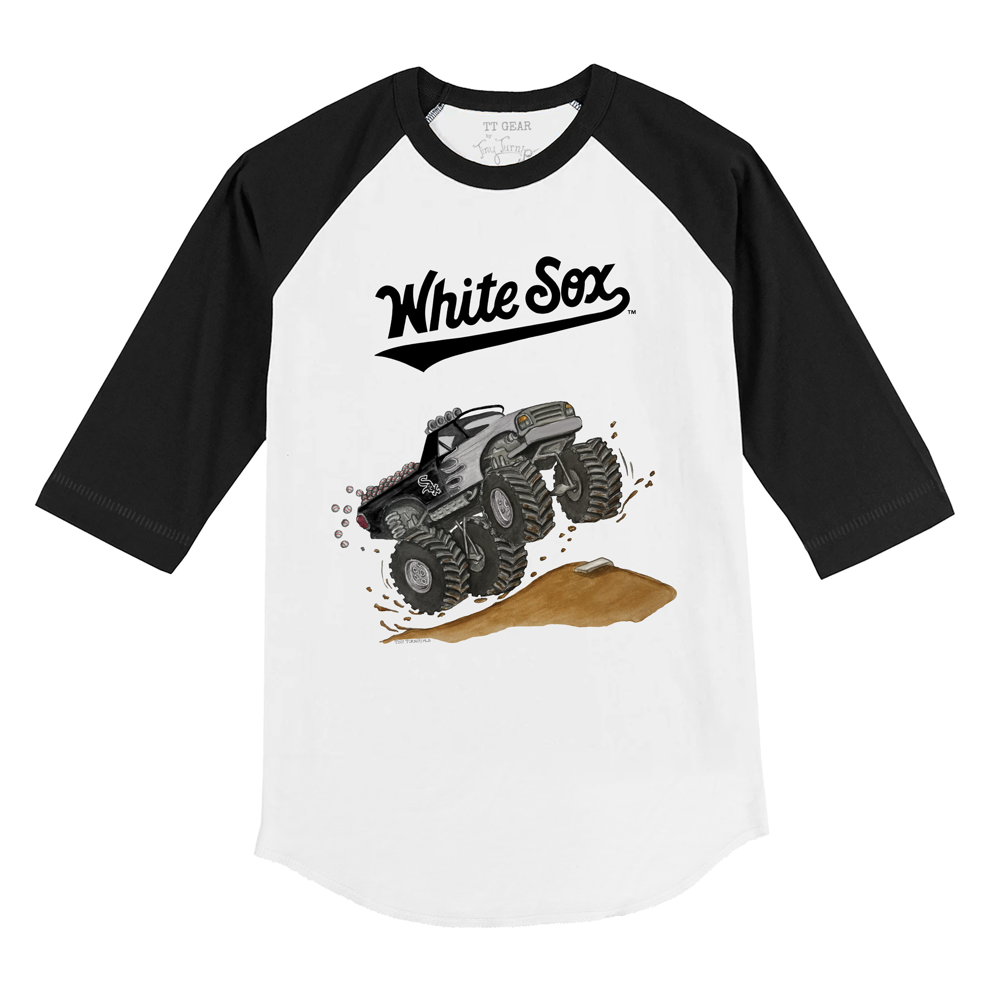 Toddler Tiny Turnip White/Black Chicago White Sox Monster Truck 3/4-Sleeve Raglan T-Shirt - Image 3