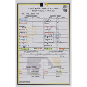Pittsburgh Pirates Game-Used Lineup Card vs. Colorado Rockies on May 25, 2022