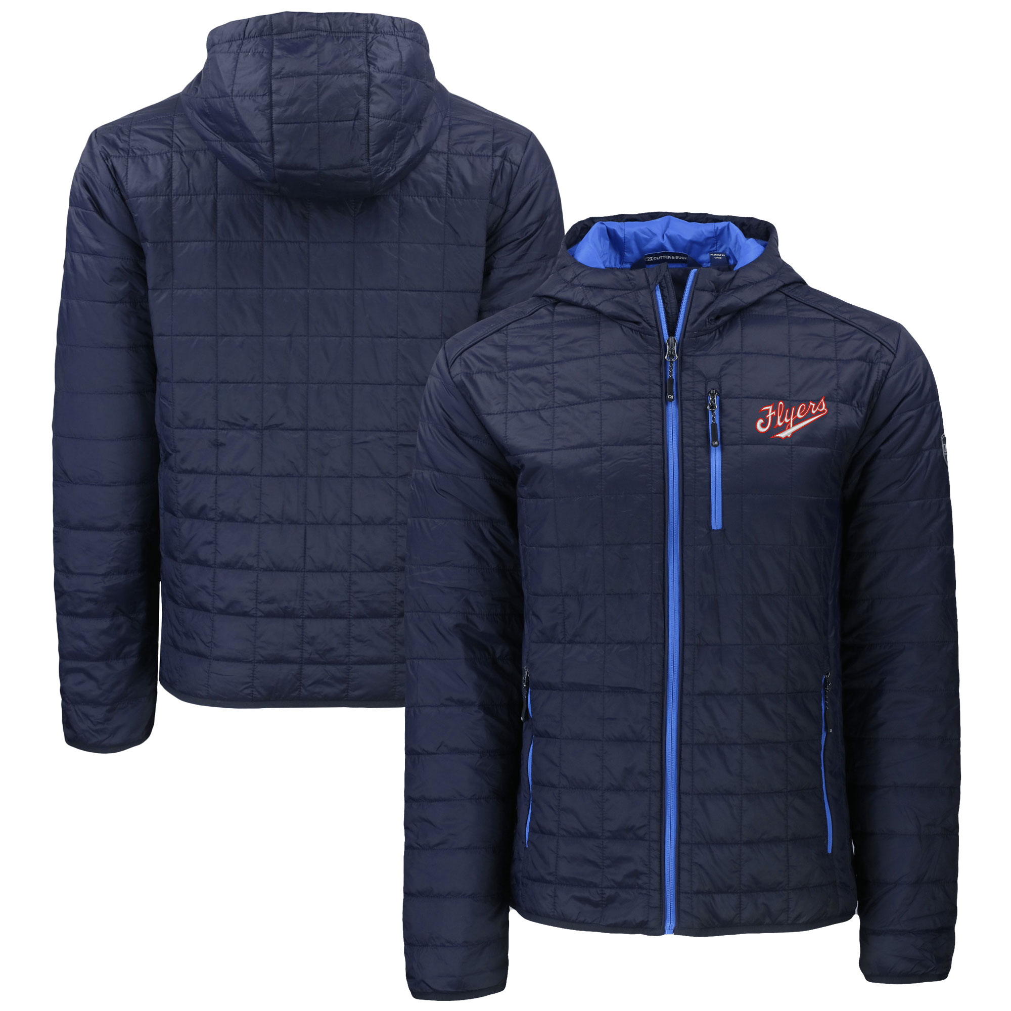 Men's Cutter & Buck Navy Dayton Flyers Vault Rainier Primaloft Eco Full-Zip Hooded Jacket