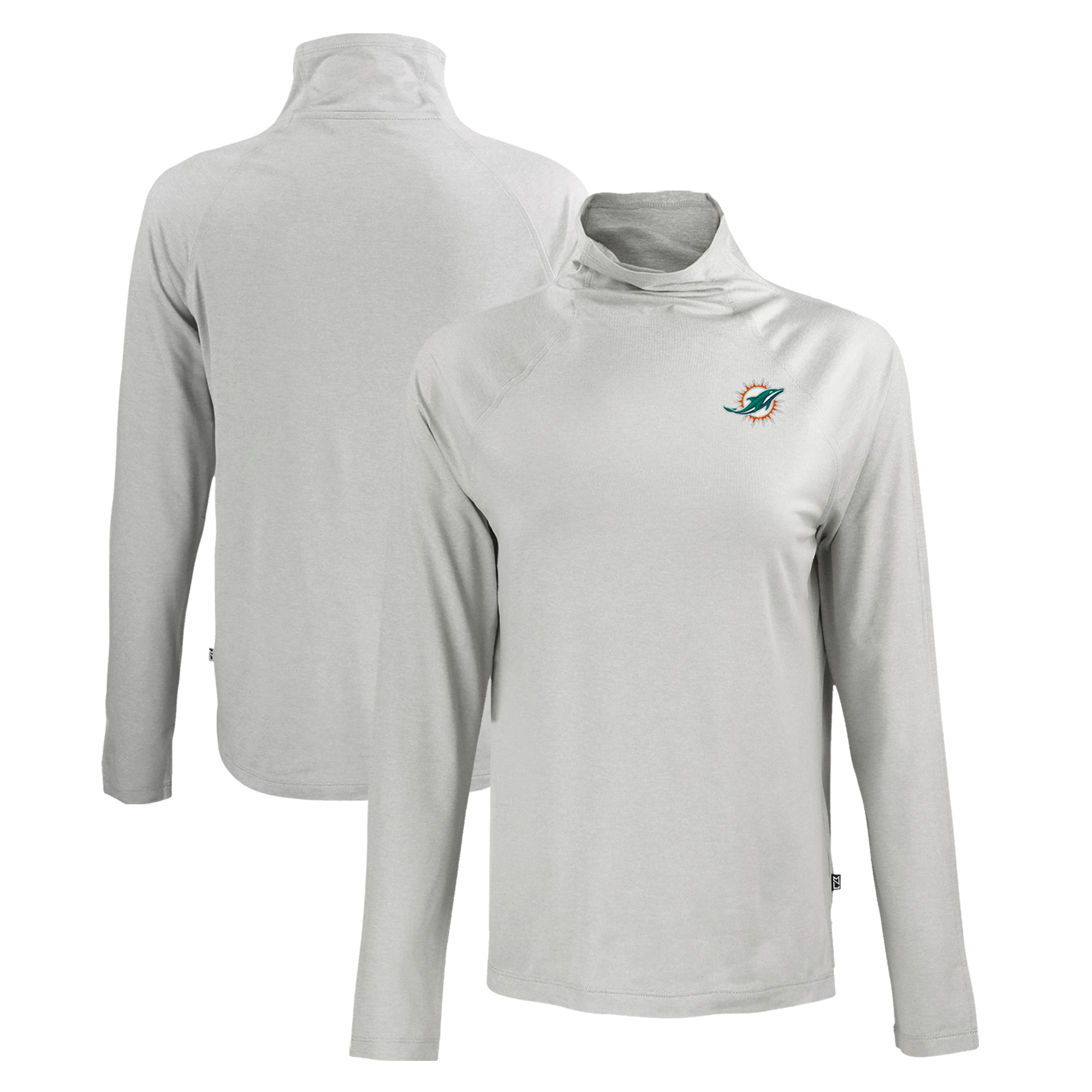 Women's Cutter & Buck Gray Miami Dolphins Coastline Epic Comfort Eco Recycled Funnel Neck Raglan Pullover Sweatshirt