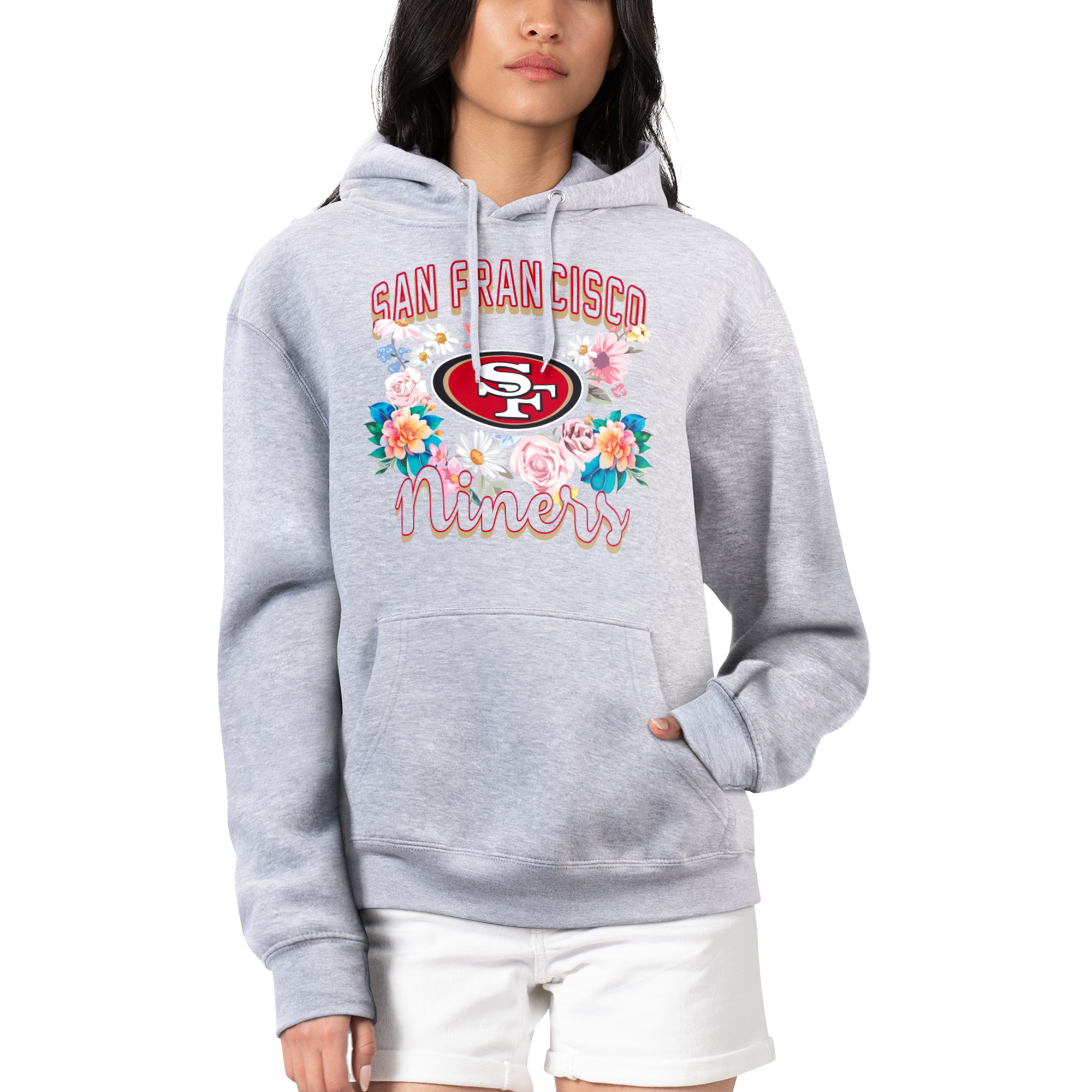 Women's G-III 4Her by Carl Banks Heather Gray San Francisco 49ers Flowers Team Logo Graphic Fleece Pullover Hoodie - Image 2