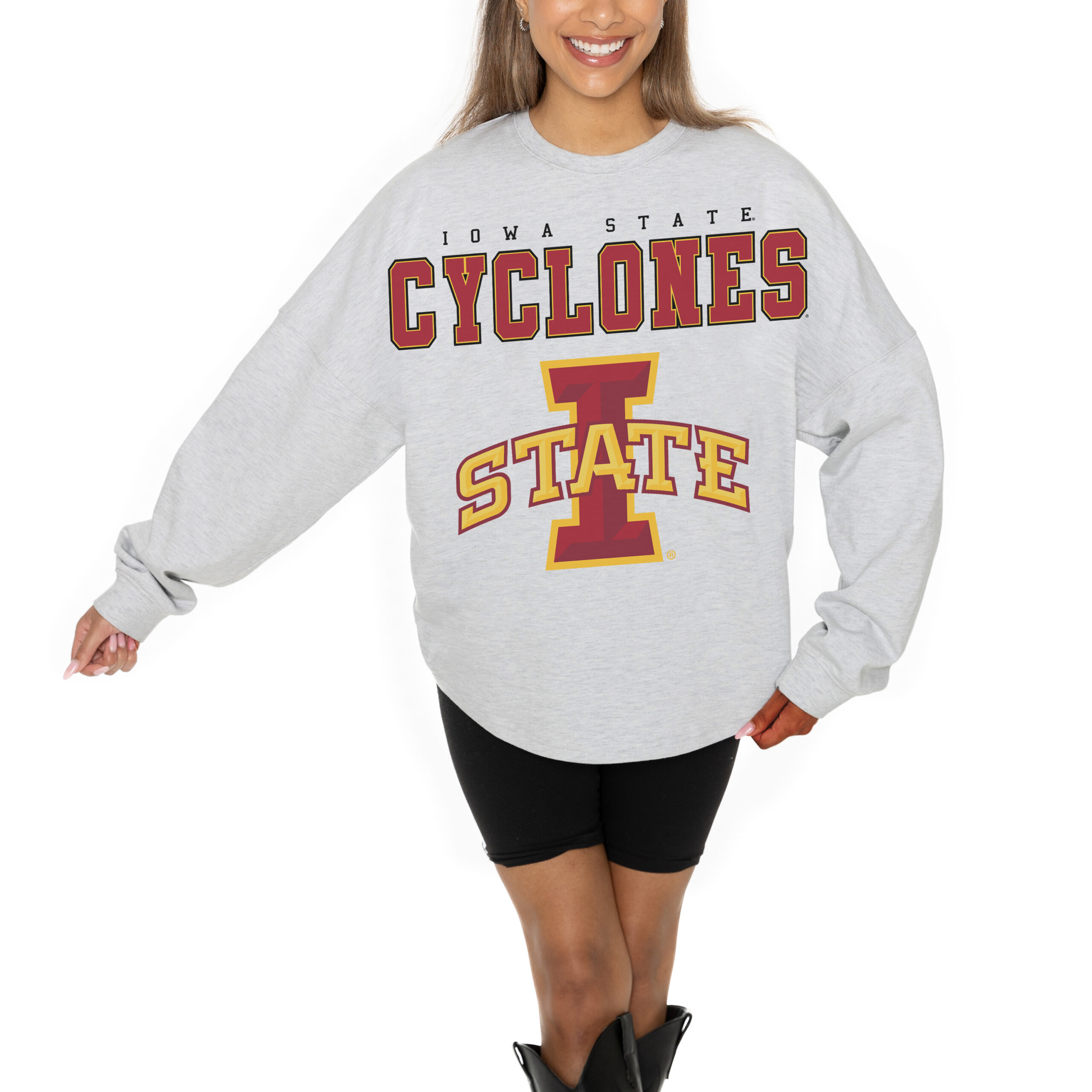 Women's Gameday Couture Ash Iowa State Cyclones Big Goals Relaxed Fit French Terry Pullover Sweatshirt
