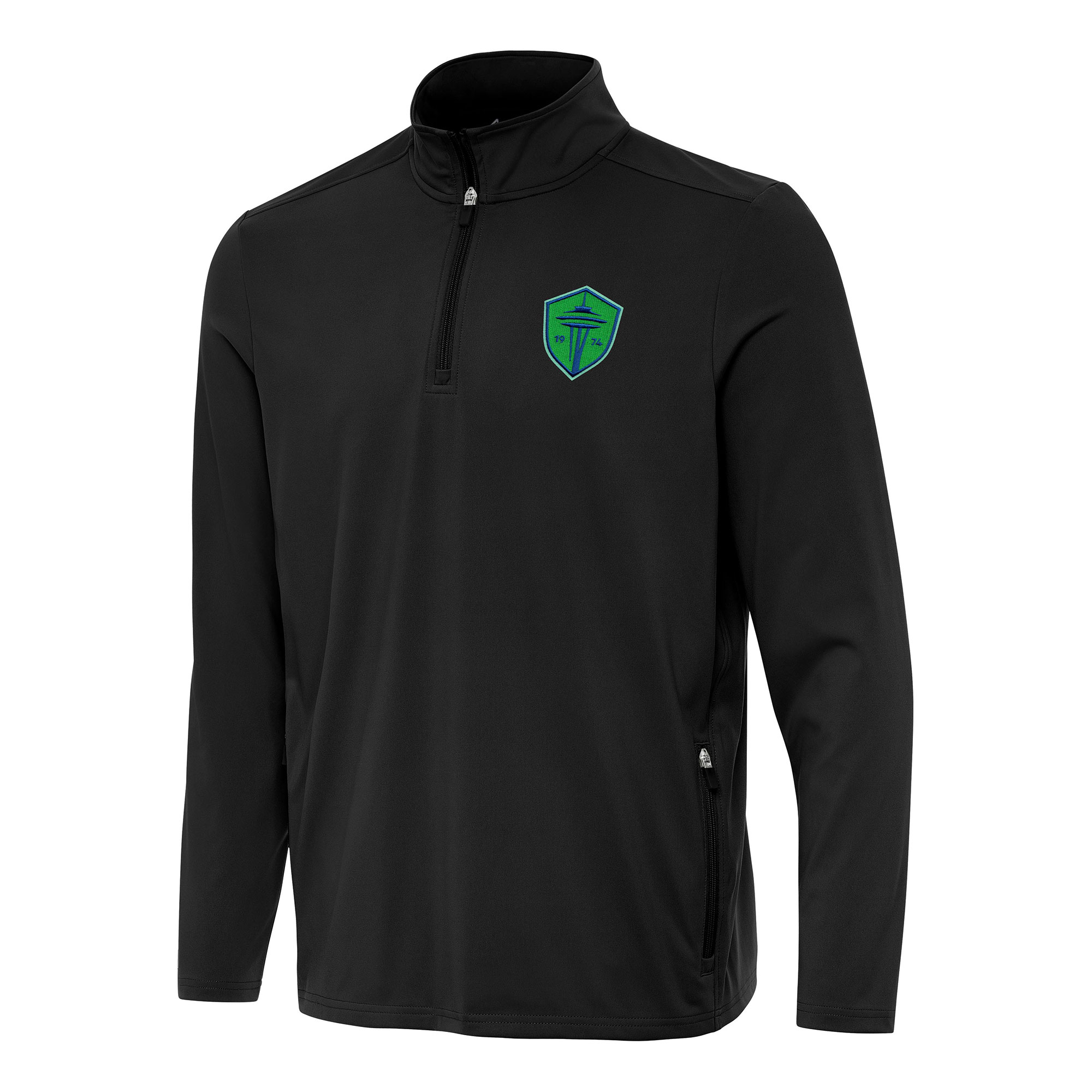Men's Antigua Black Seattle Sounders FC Perilous Quarter-Zip Pullover Top