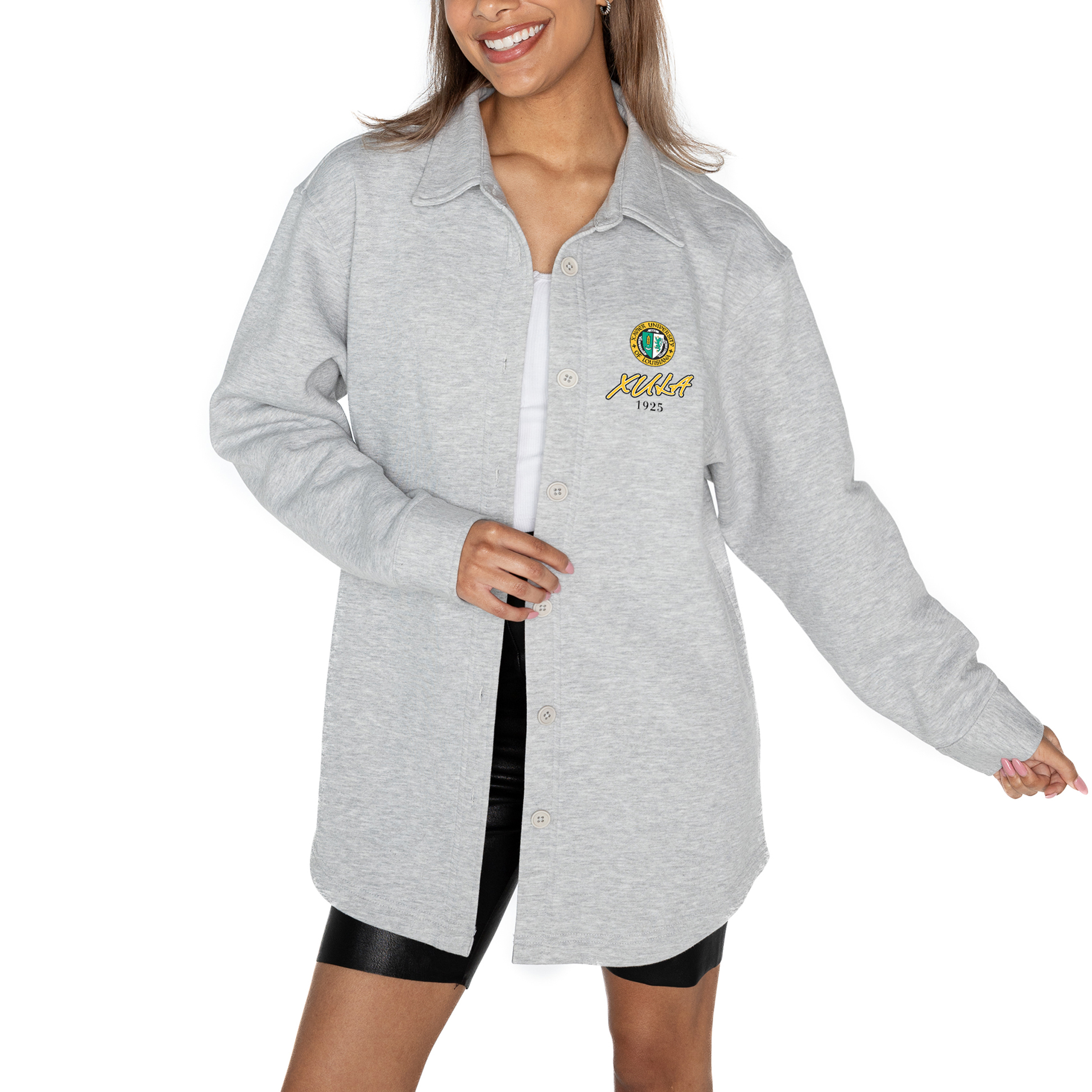 Women's Gameday Couture Ash Xavier University of Louisiana Gold Rush Foundation Full-Button Long Sleeve Overshirt