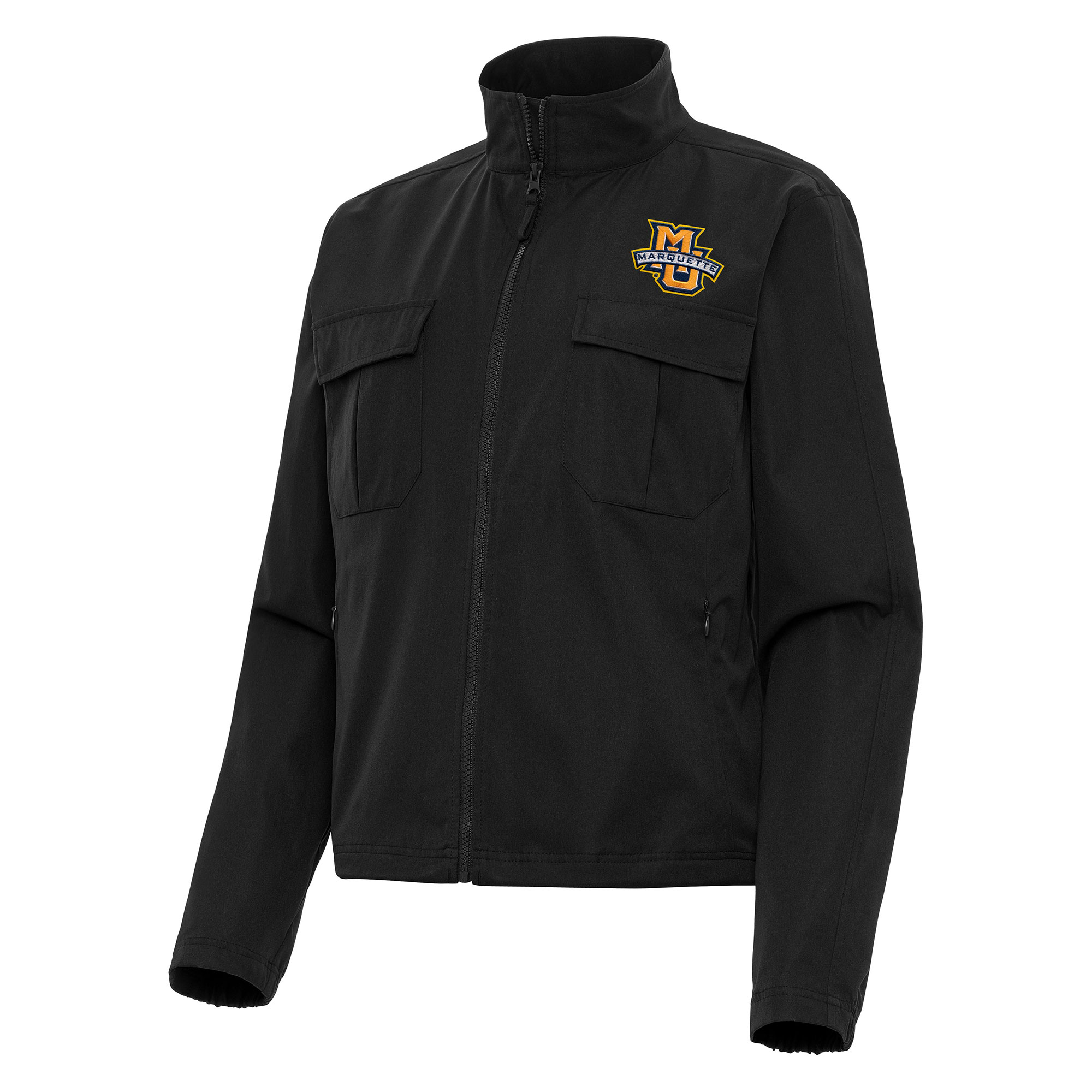 Women's Antigua Black Marquette Golden Eagles Even Par Full-Zip Jacket