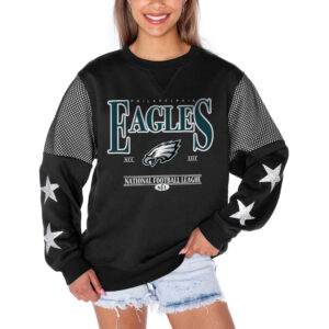 Women's Gameday Couture Black Philadelphia Eagles Rhinestone Star Mesh Shoulder Fleece Pullover Sweatshirt
