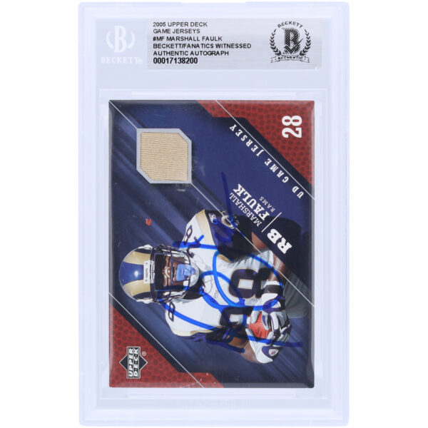 Marshall Faulk St. Louis Rams Autographed 2005 Upper Deck Game Jersey Relic #GJ-MF Beckett Fanatics Witnessed Authenticated Card