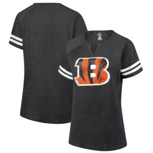 Women's Fanatics Charcoal Cincinnati Bengals Plus Size Logo Striped Raglan Notch Neck T-Shirt