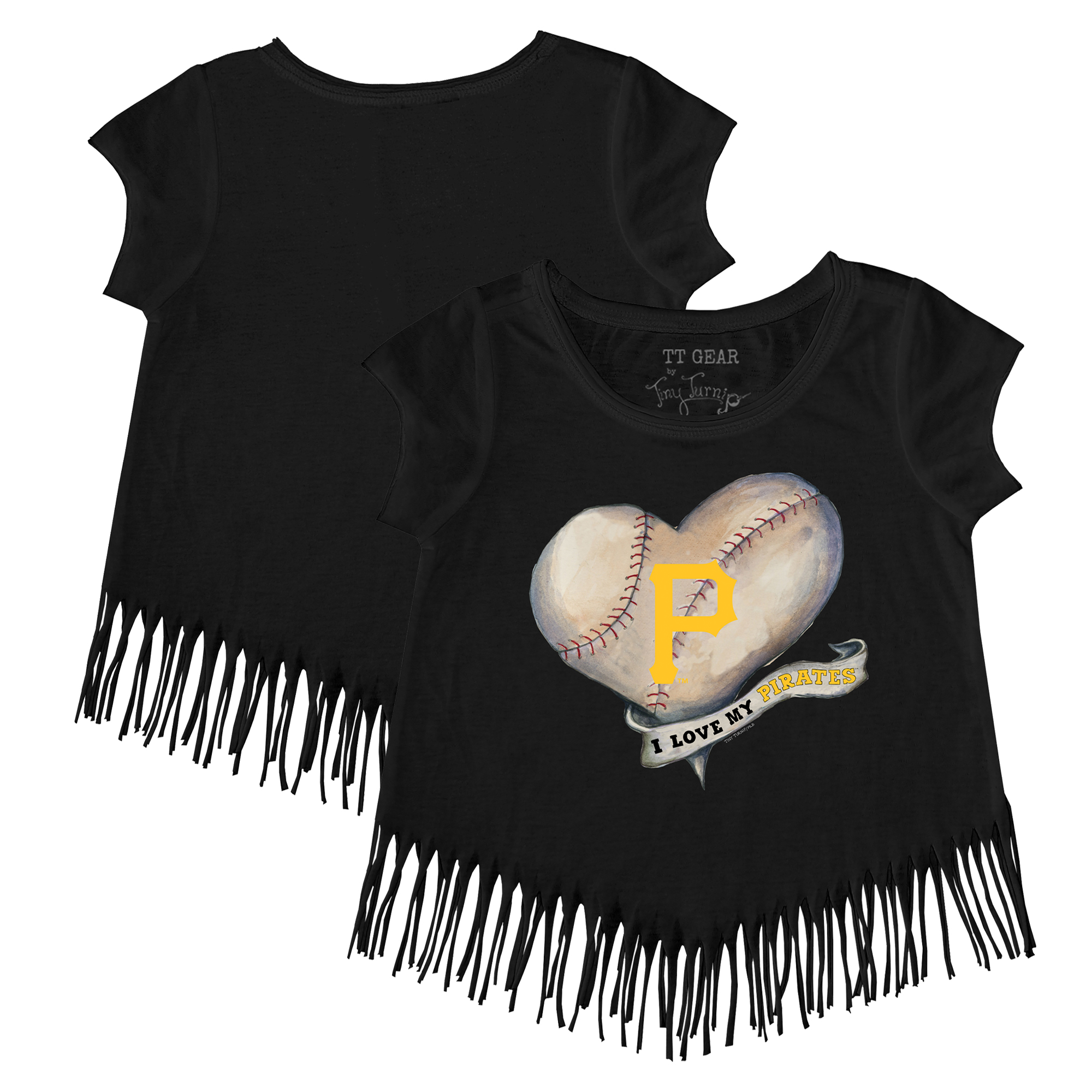 Girls Youth Tiny Turnip Black Pittsburgh Pirates Heart Banner Fringe T-Shirt