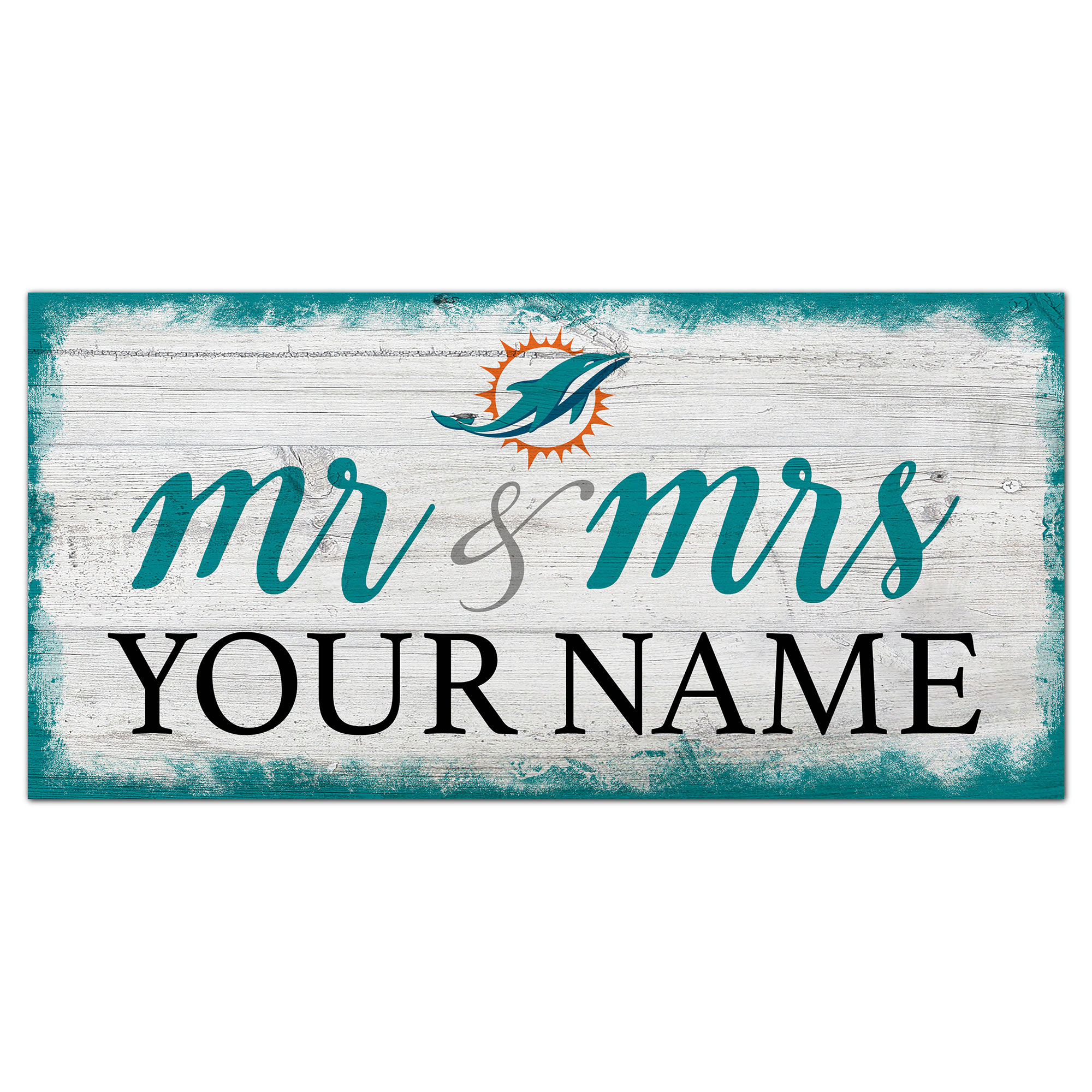Miami Dolphins 6" x 12" Personalized Mr. & Mrs. Script Sign
