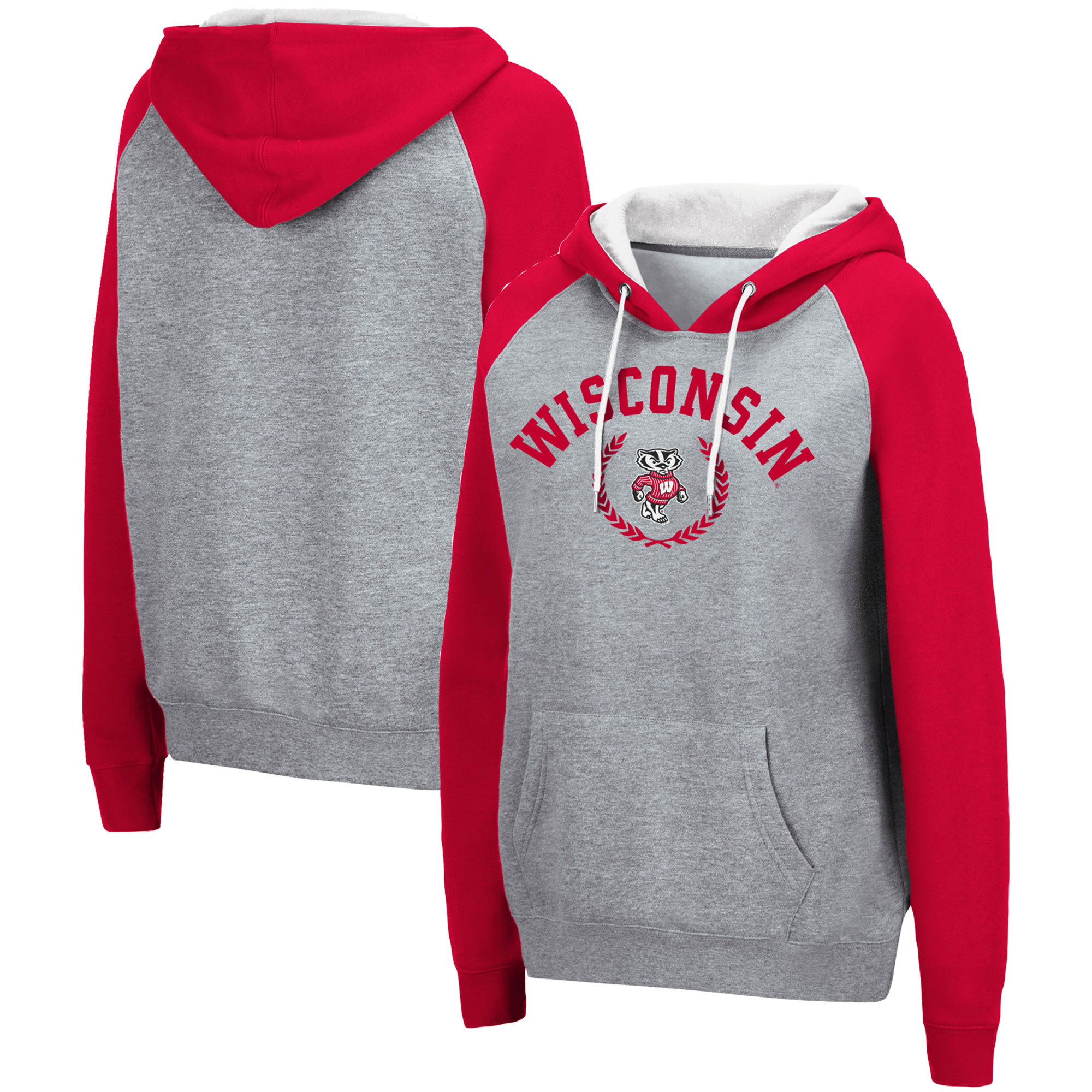 Women's Colosseum Heathered Gray Wisconsin Badgers Contrast Raglan Pullover Hoodie - Image 5