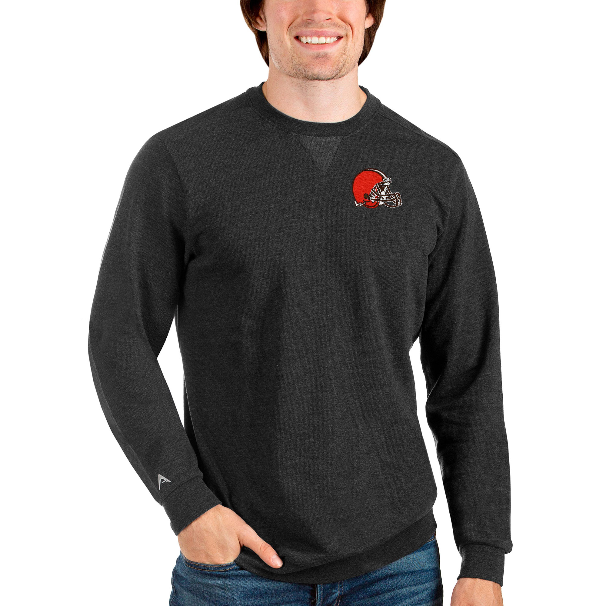 Men's Antigua Heathered Black Cleveland Browns Reward Crewneck Pullover Sweatshirt