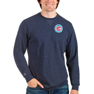 Men's Antigua Heathered Navy Chicago Fire Reward Crewneck Pullover Sweatshirt