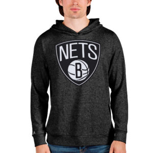 Men's Antigua Heathered Black Brooklyn Nets Logo Absolute Pullover Hoodie