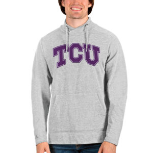 Men's Antigua Heathered Gray TCU Horned Frogs Team Logo Reward Crossover Neckline Pullover Sweatshirt