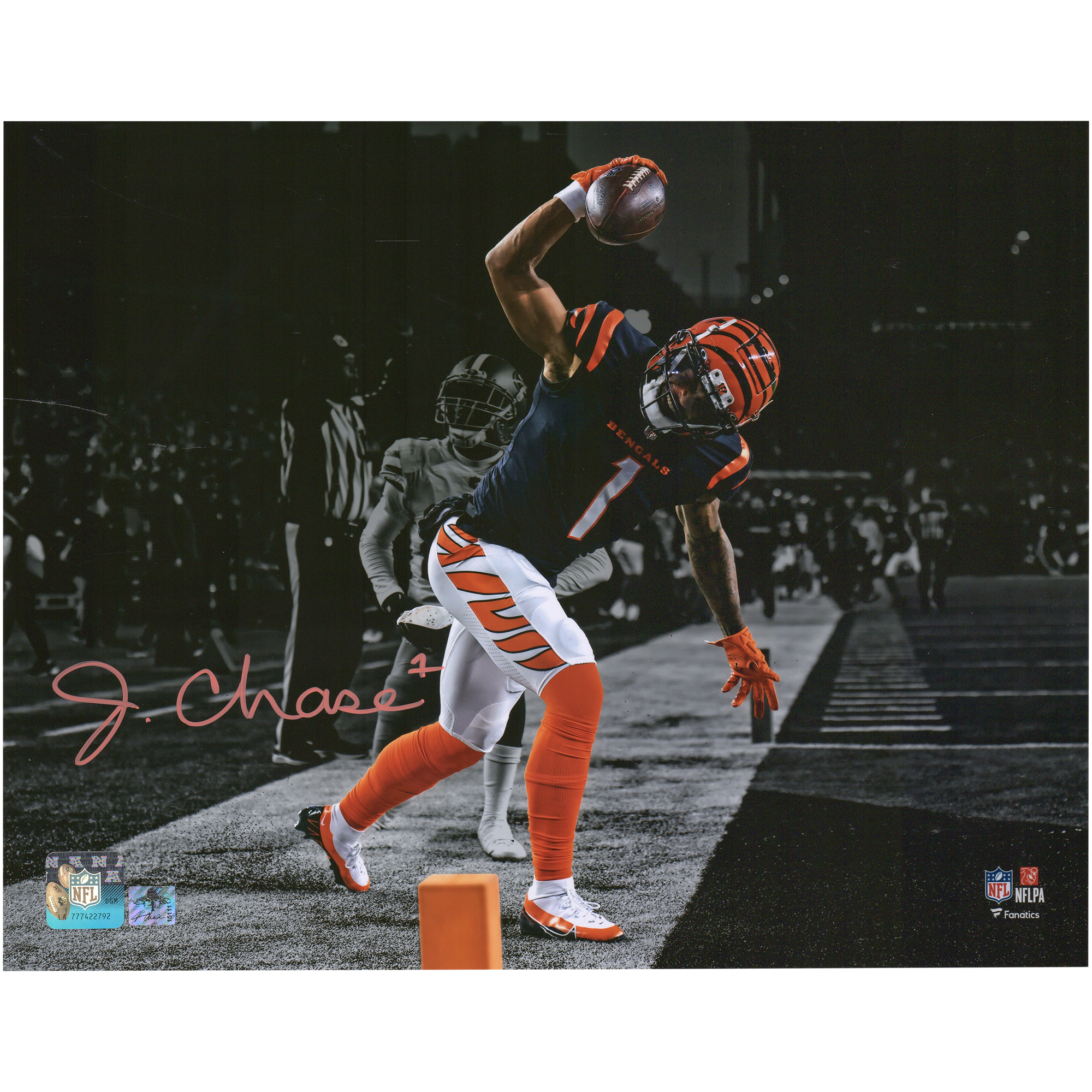 Ja'Marr Chase Cincinnati Bengals Autographed 11'' x 14'' Touchdown Spike Spotlight Photograph