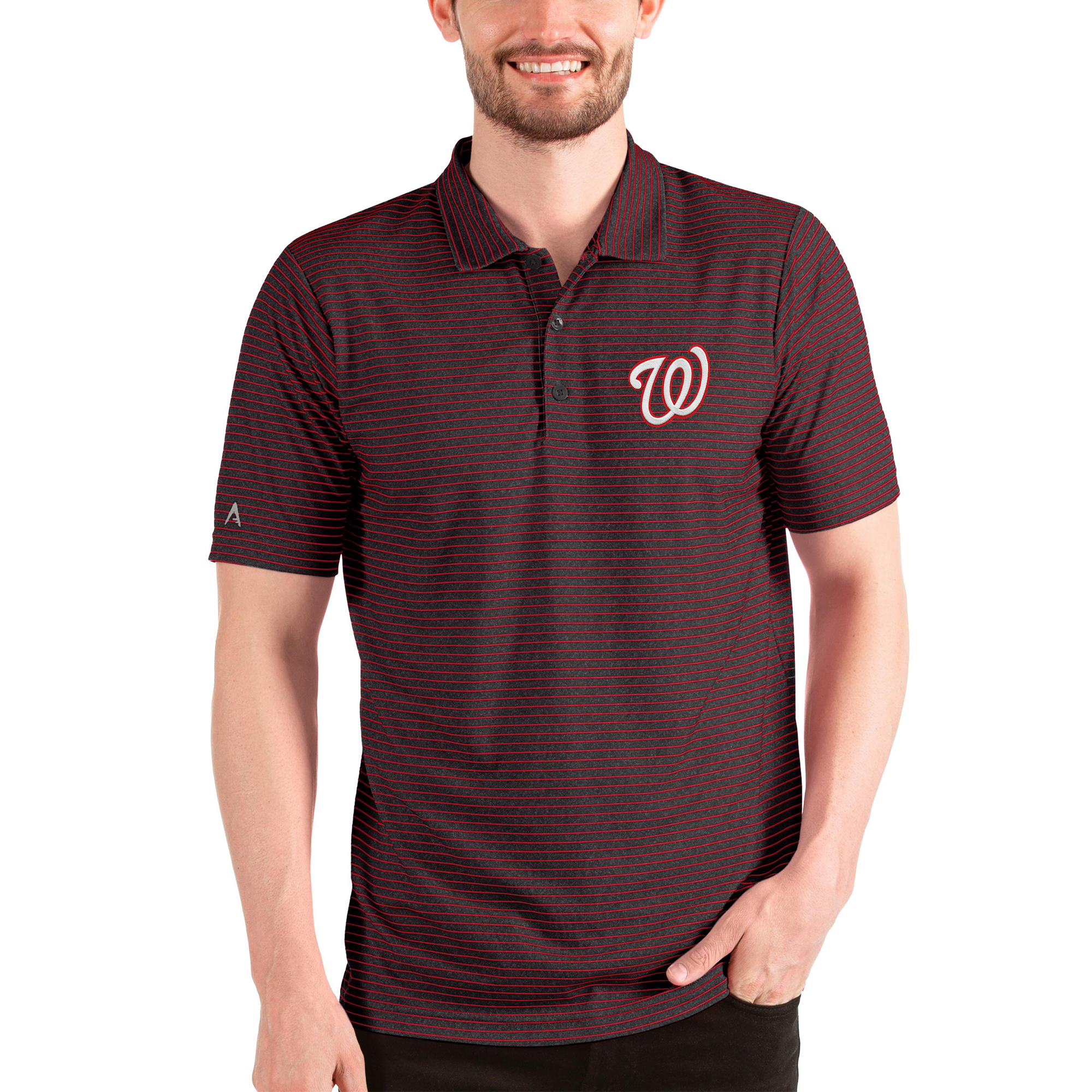 Men's Antigua Heathered Black/Red Washington Nationals Esteem Polo