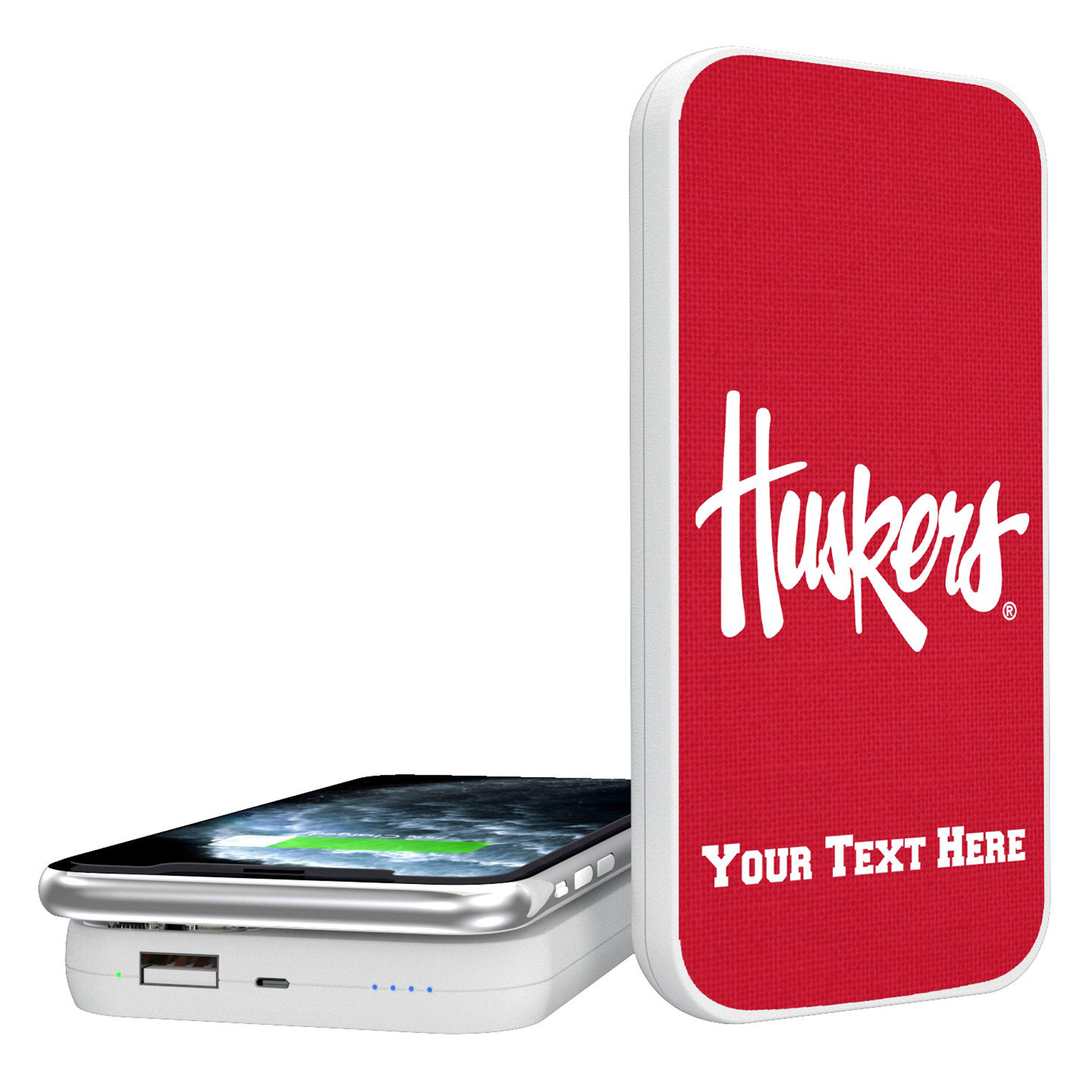 Nebraska Huskers Secondary Logo Personalized 5000 mAh Solid Design Wireless Powerbank