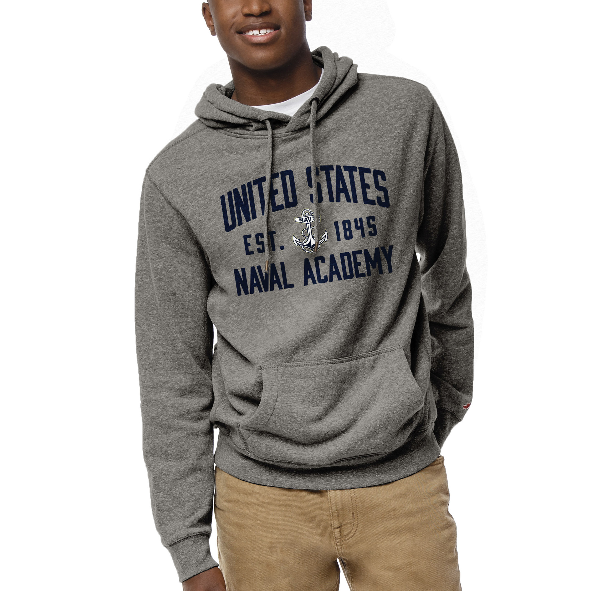 Men's League Collegiate Wear Heather Gray Navy Midshipmen Heritage Tri-Blend Pullover Hoodie