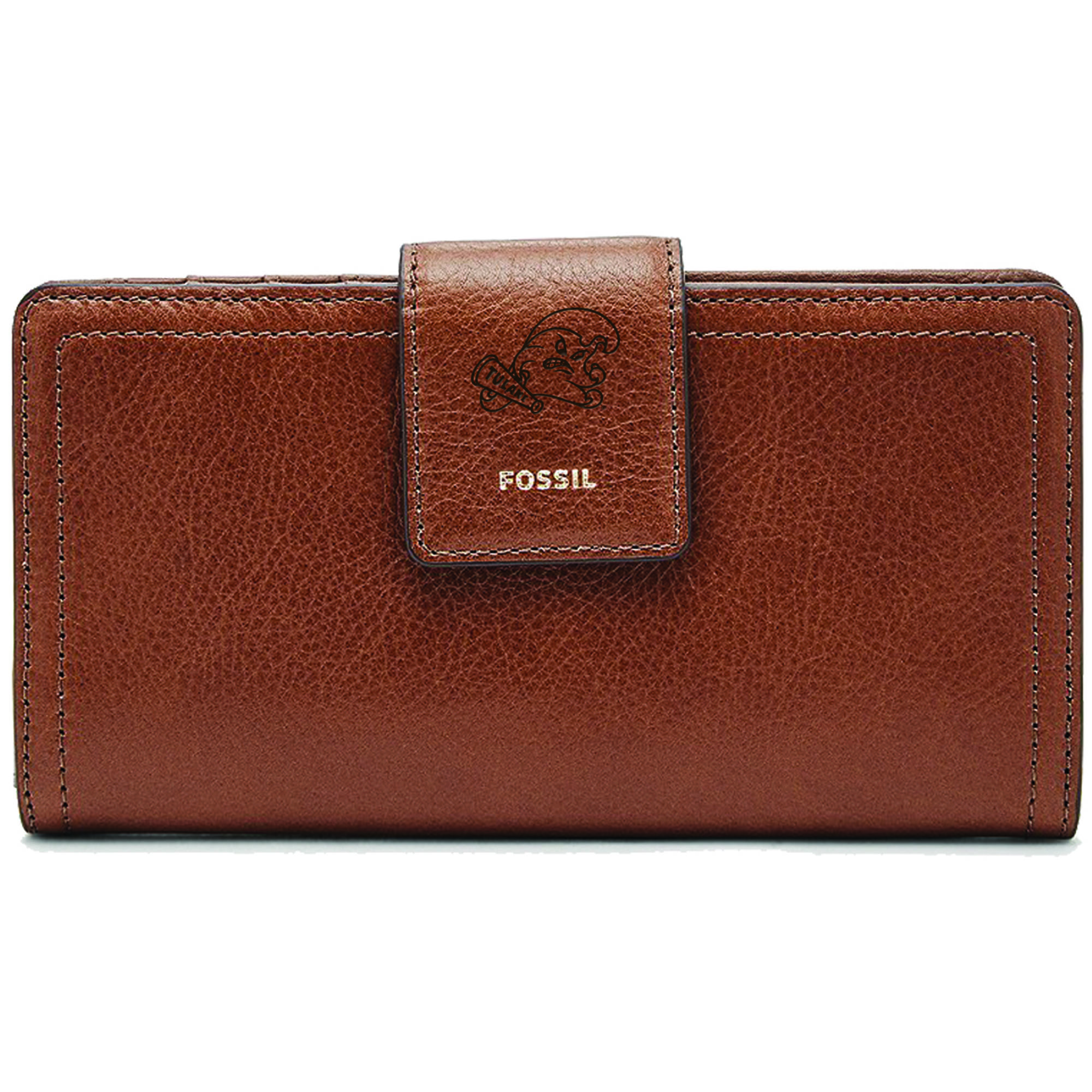 Women's Fossil Brown Tulane Green Wave Leather Logan RFID Tab Clutch