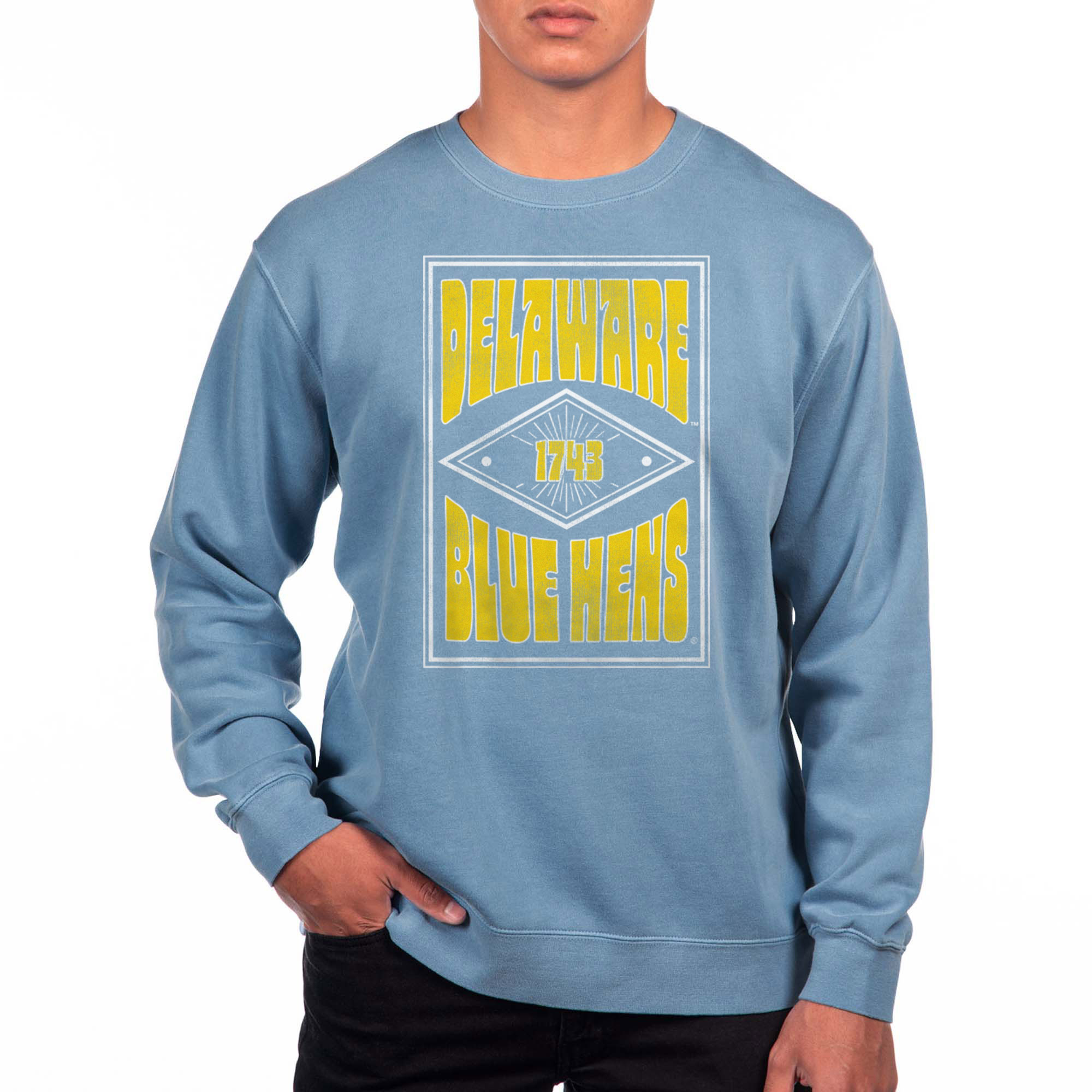 Men's Uscape Apparel Royal Delaware Fightin' Blue Hens Pigment Dyed Fleece Crewneck Sweatshirt