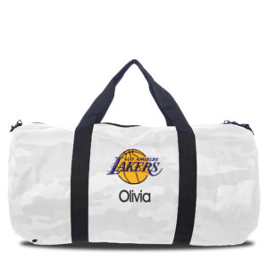 Los Angeles Lakers White Camo Print Personalized Duffel Bag