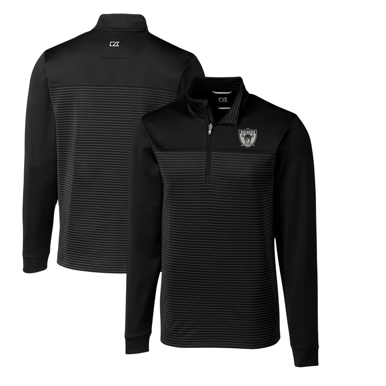 Men's Cutter & Buck Black Las Vegas Raiders Throwback Logo Traverse Stripe Stretch Quarter-Zip Big & Tall Pullover Top