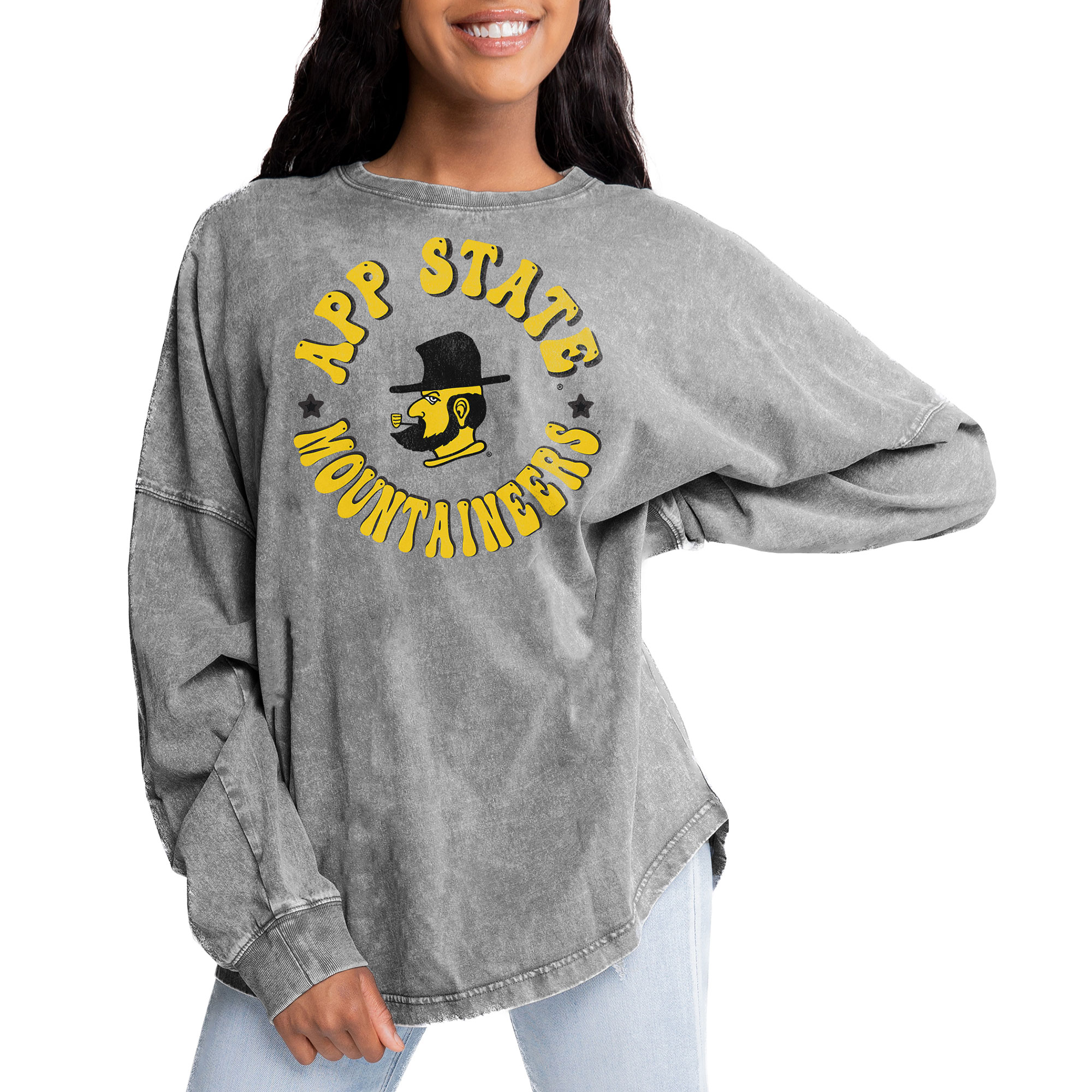 Women's Gameday Couture Gray Appalachian State Mountaineers Playing Around Faded Wash Oversized Long Sleeve T-Shirt