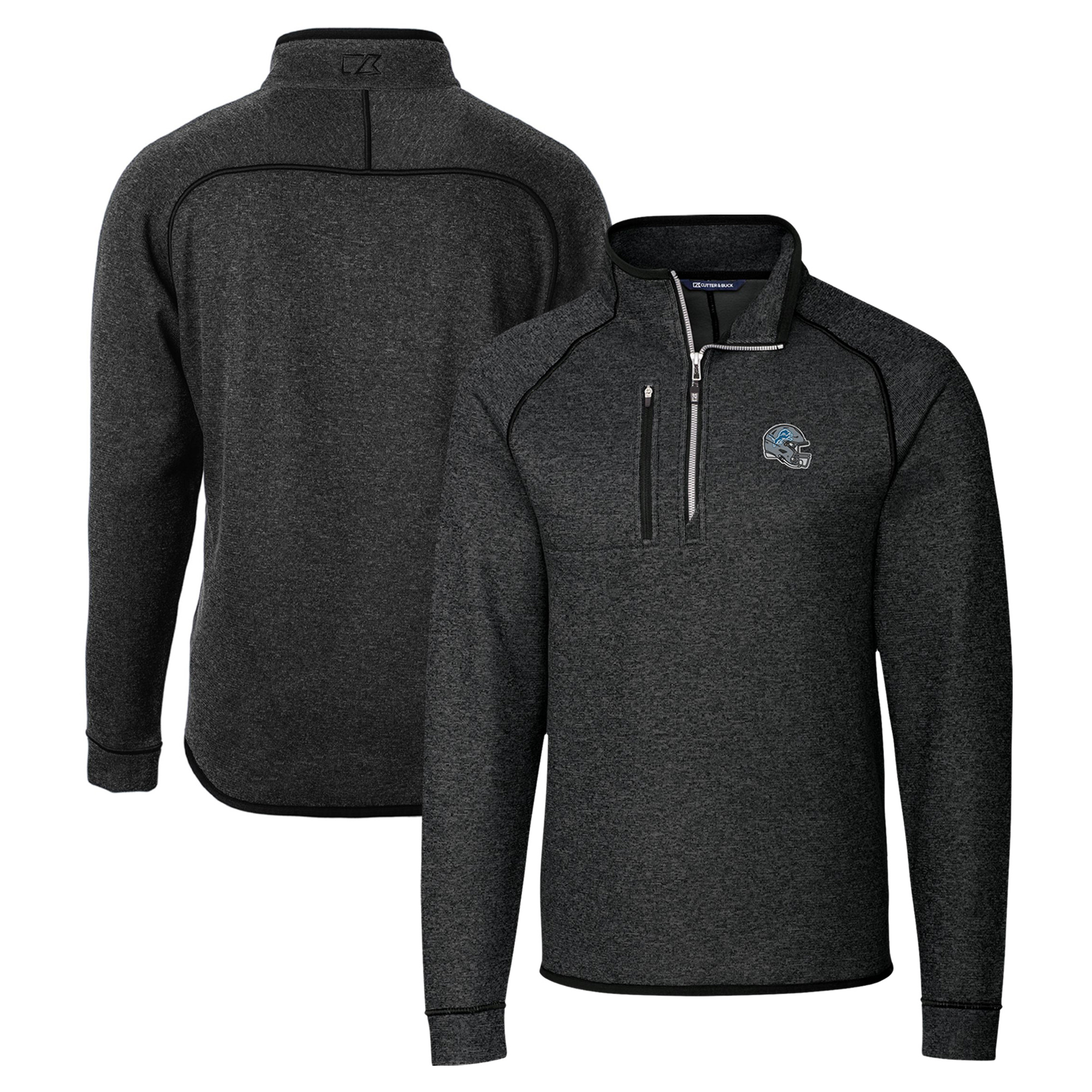 Men's Cutter & Buck Charcoal Detroit Lions Helmet Mainsail Sweater-Knit Half-Zip Pullover Jacket