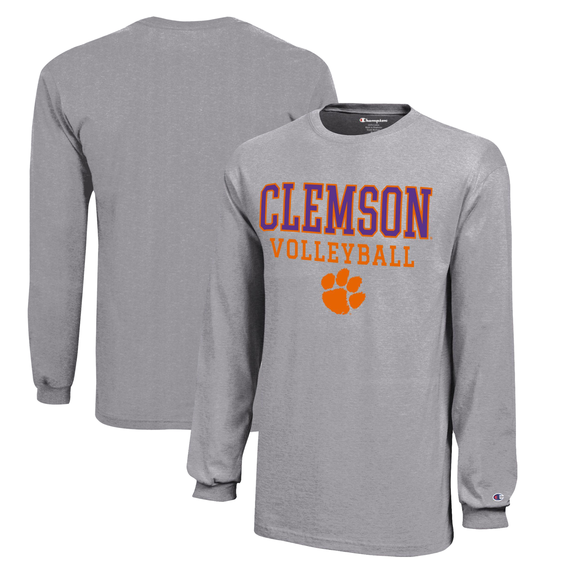 Youth Champion Gray Clemson Tigers Stacked Logo Long Sleeve Volleyball T-Shirt - Image 2