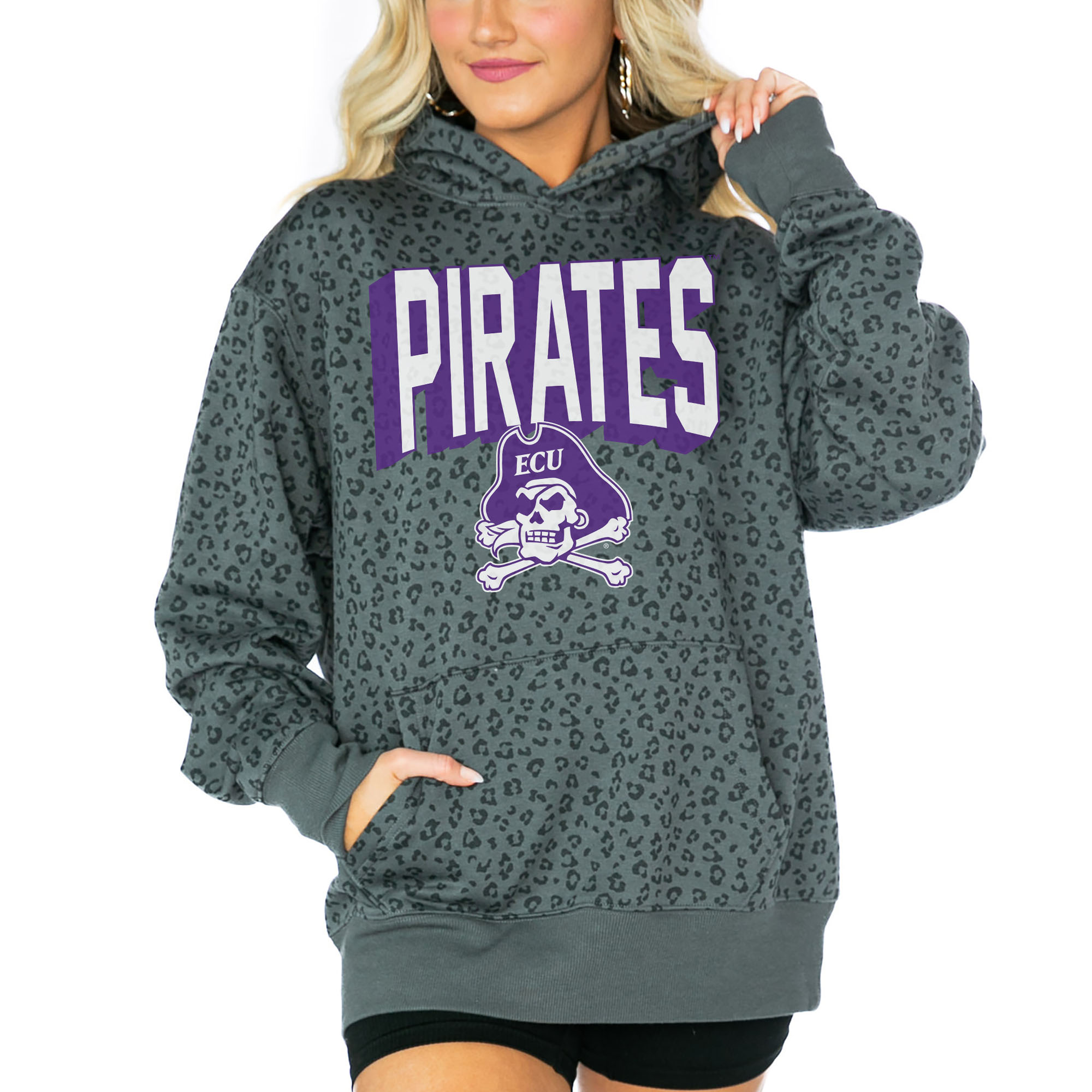 Women's Gameday Couture Black ECU Pirates Running Wild Leopard Print Pullover Hoodie