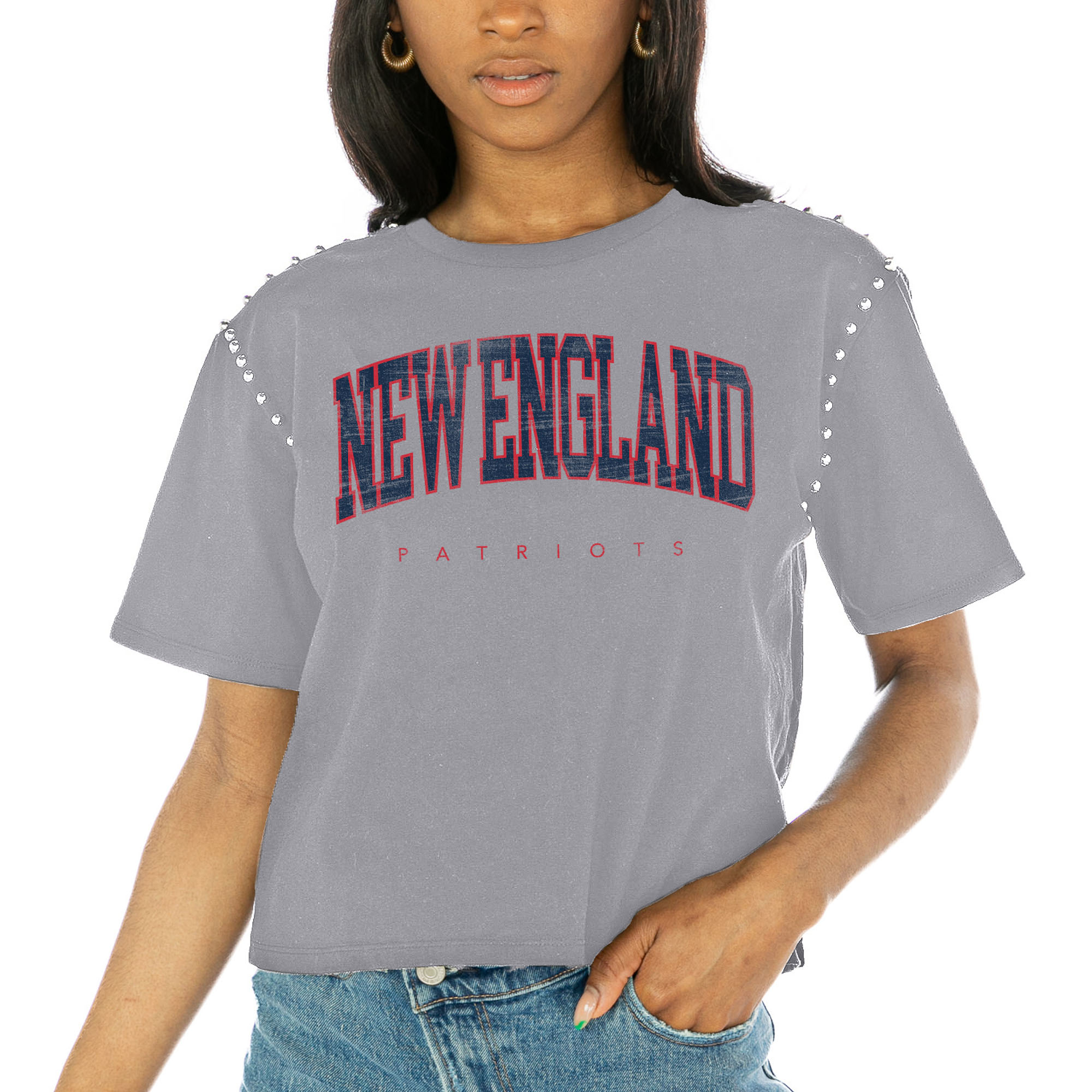 Women's Gameday Couture Gray New England Patriots Elite Elegance Studded Sleeve Cropped T-Shirt