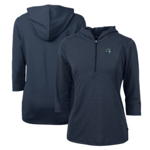 Women's Cutter & Buck  Navy Gwinnett Stripers Virtue Eco Pique Recycled 3/4-Sleeve Half-Zip Pullover Hoodie