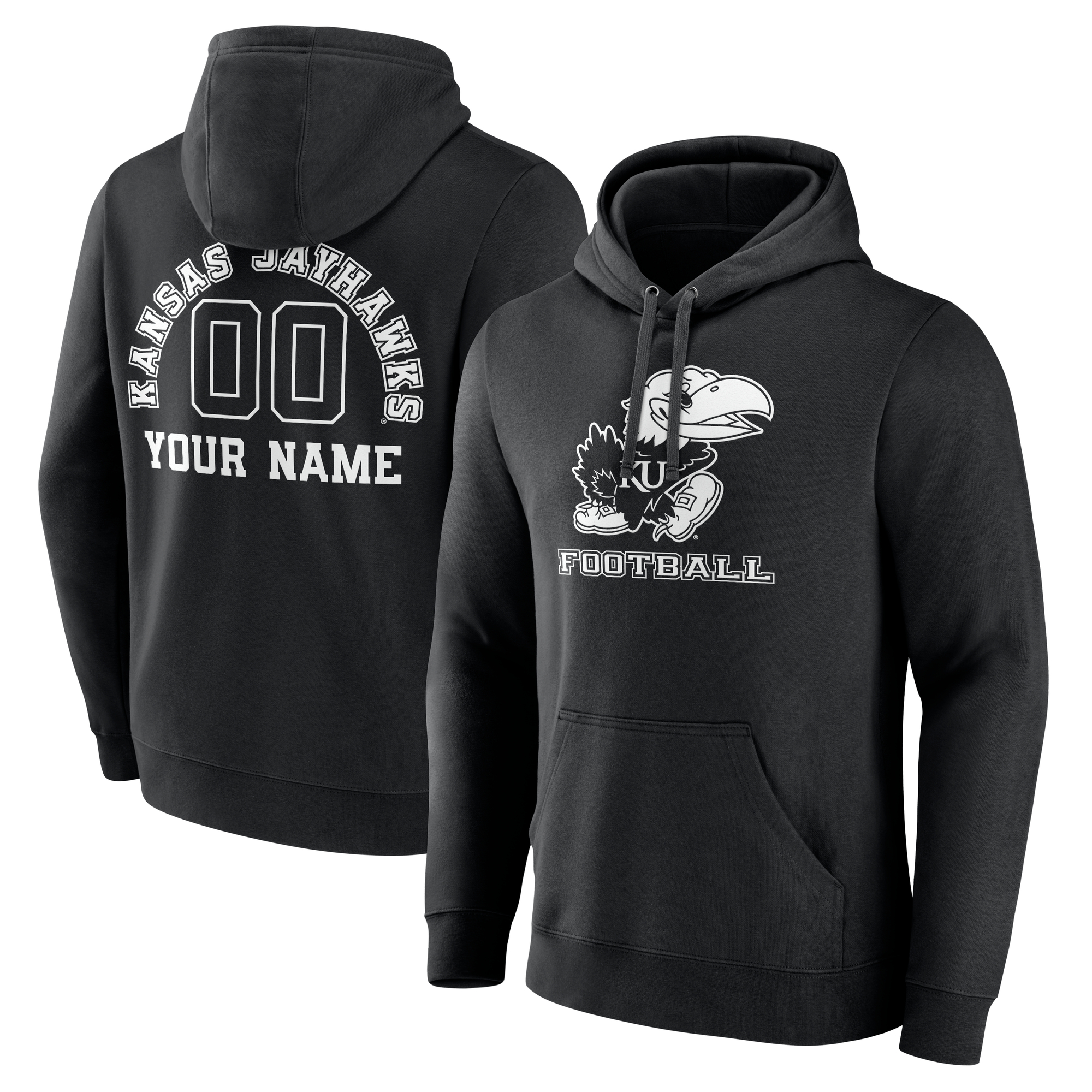 Men's Black Kansas Jayhawks Personalized Name & Number Monochrome Pullover Hoodie