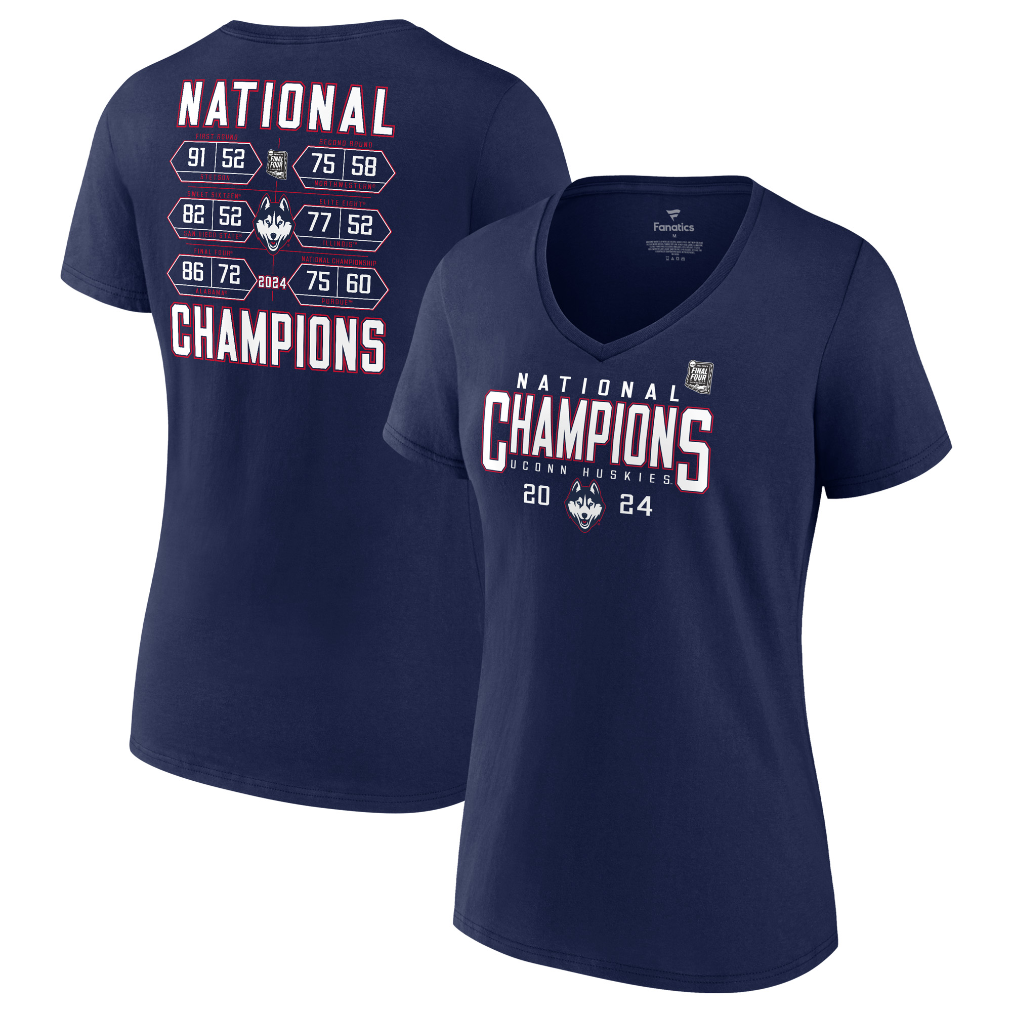 Women's Fanatics Navy UConn Huskies 2024 NCAA Men's Basketball National Champions Schedule V-Neck T-Shirt