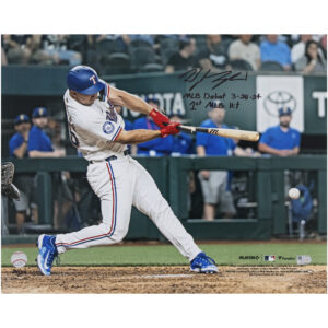 Wyatt Langford Texas Rangers Autographed 16" x 20" First Hit Photograph with "MLB Debut 3-28-24" & "1st MLB Hit" Inscriptions - Limited Edition #24/24