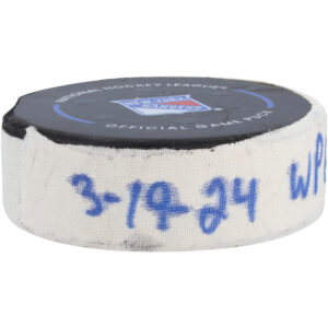 Mark Scheifele Winnipeg Jets Game-Used Goal Puck from March 19, 2024 vs. New York Rangers - First of Three Goals Scored
