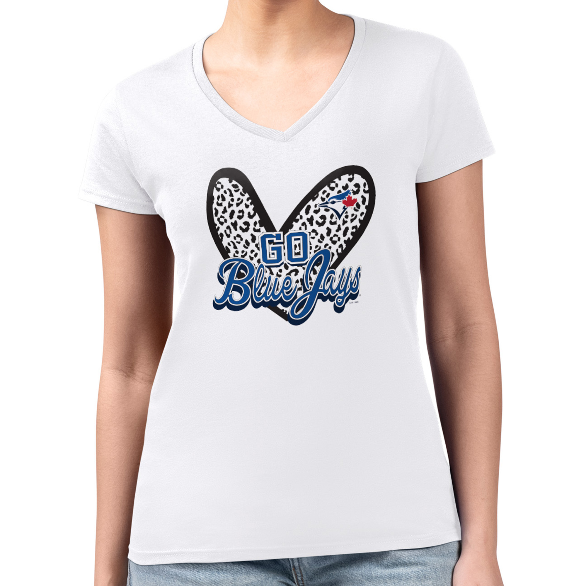 Women's G-III 4Her by Carl Banks White Toronto Blue Jays Leopard Heart Fitted V-Neck T-Shirt