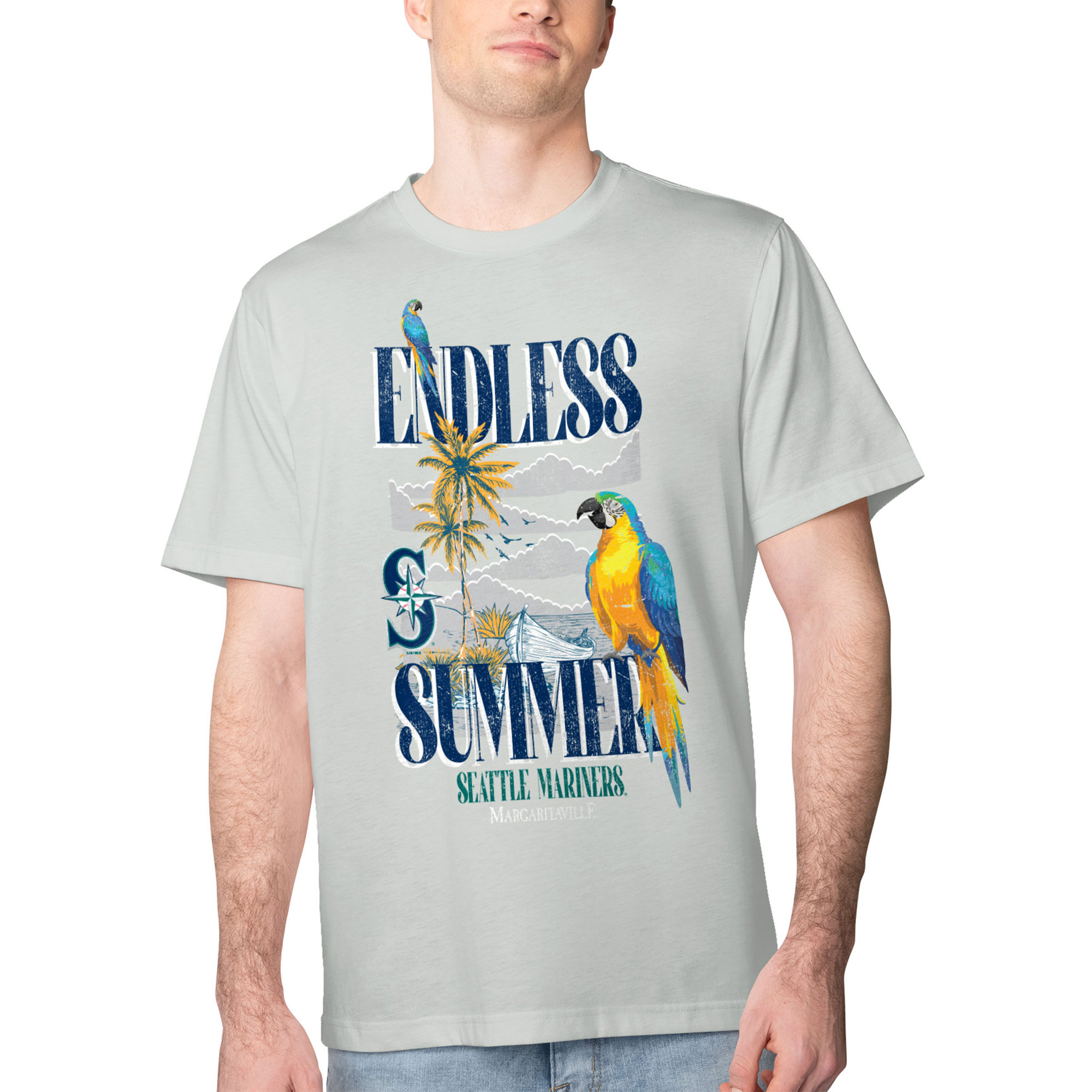 Men's Margaritaville Silver Seattle Mariners Endless Summer Parrot Graphic T-Shirt