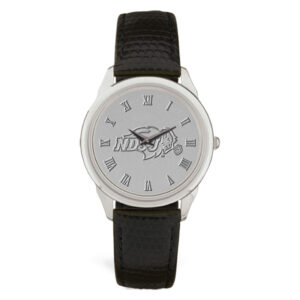 Silver NDSU Bison Medallion Black Leather Wristwatch
