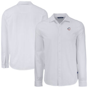 Men's Cutter & Buck White Cincinnati Reds Knitted Advantage Tri-Blend Eco Soft Pique Long Sleeve Button-Up Shirt