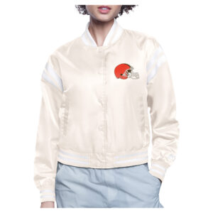 Women's Starter  Cream Cleveland Browns Round Team Logo Cropped Satin Varsity Full-Snap Jacket