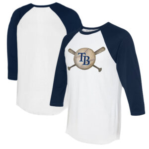 Women's Tiny Turnip White/Navy Tampa Bay Rays Baseball Cross Bats 3/4-Sleeve Raglan T-Shirt