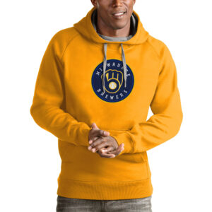 Men's Antigua Gold Milwaukee Brewers Victory Pullover Team Logo Hoodie