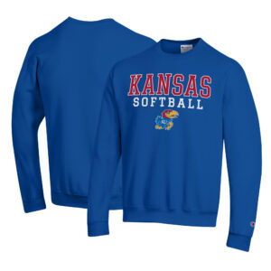 Men's Champion Royal Kansas Jayhawks Primary Team Logo Stack Logo Softball Powerblend Pullover Sweatshirt