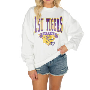 Women's Gameday Couture White LSU Tigers Good Vibes Premium Fleece Drop Shoulder Pullover Sweatshirt